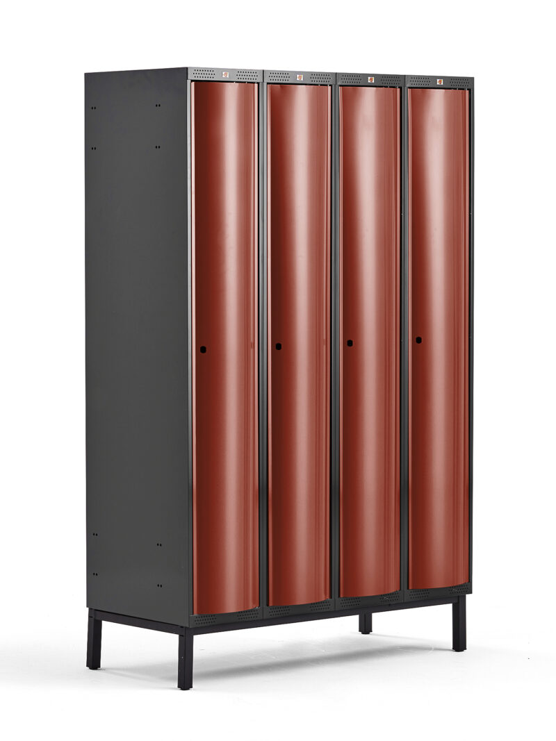 Metalowa szafa ubraniowa CURVE, na nóżkach, 4x1 drzwi, 1940x1200x550 mm, czerwony