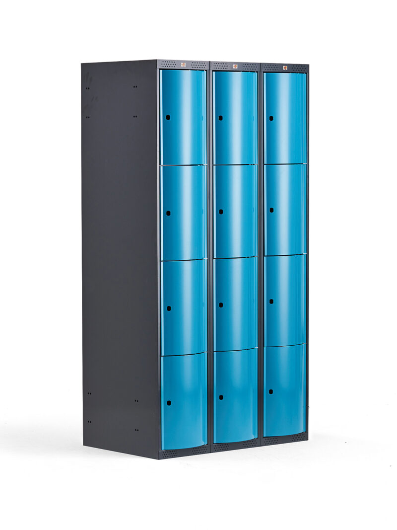 Metalowa szafa ubraniowa CURVE, 3x4 drzwi, 1740x900x550 mm, niebieski