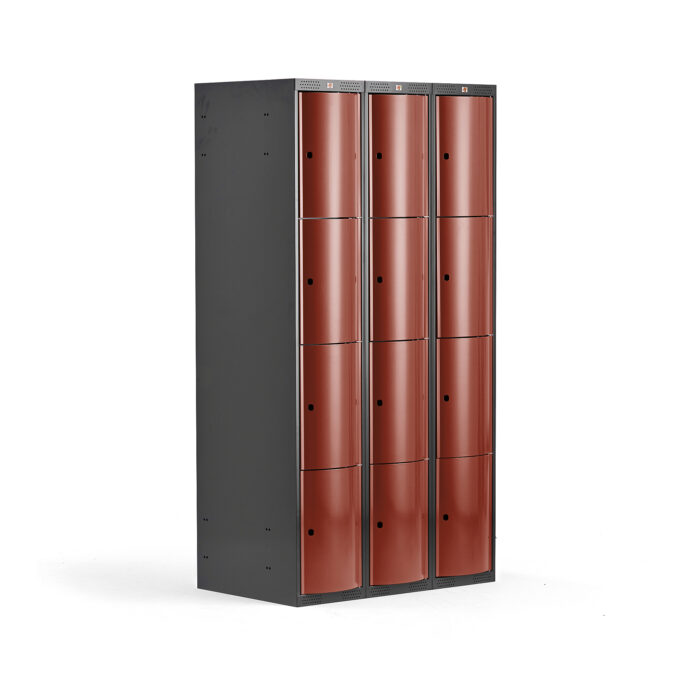 Metalowa szafa ubraniowa CURVE, 3x4 drzwi, 1740x900x550 mm, czerwony