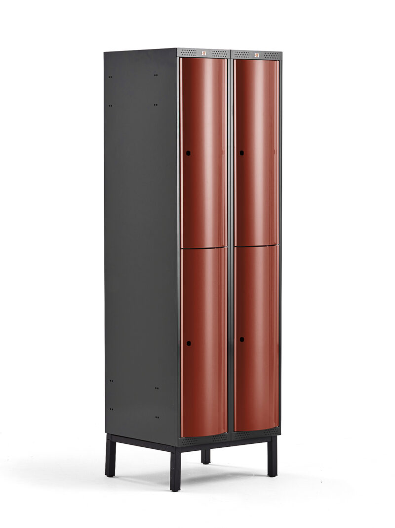 Metalowa szafa ubraniowa CURVE, na nóżkach, 2x2 drzwi, 1940x600x550 mm, czerwony