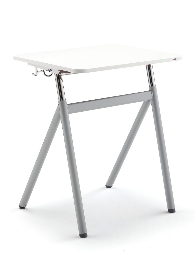 Szkolne biurko z regulacją wysokości ASCEND, laminat biały, szary aluminium