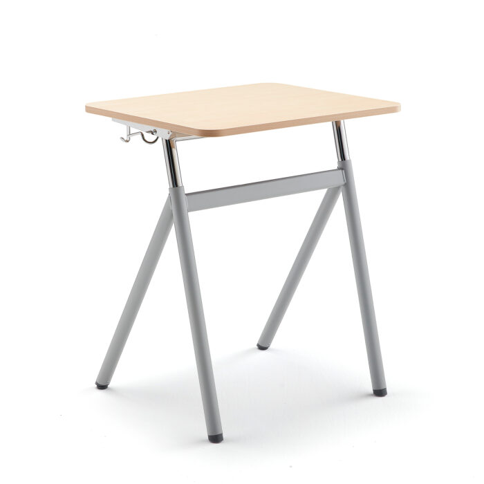 Szkolne biurko z regulacją wysokości ASCEND, laminat brzoza, szary aluminium