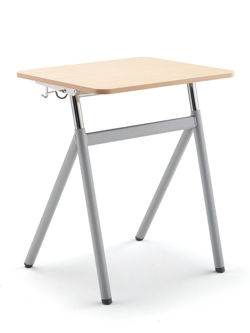 Szkolne biurko z regulacją wysokości ASCEND, laminat brzoza, szary aluminium