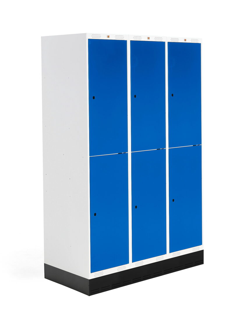 Szafka do szatni ROZ, 3 moduły, 6 drzwi, 1890x1200x550 mm, niebieski, z podstawą