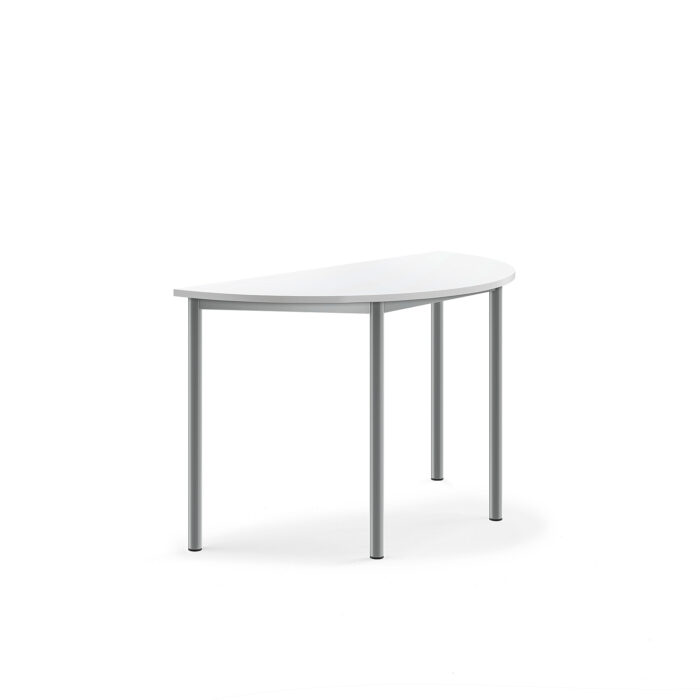 Stół SONITUS, półokrągły, 1200x600x720 mm, biały laminat, szary aluminium