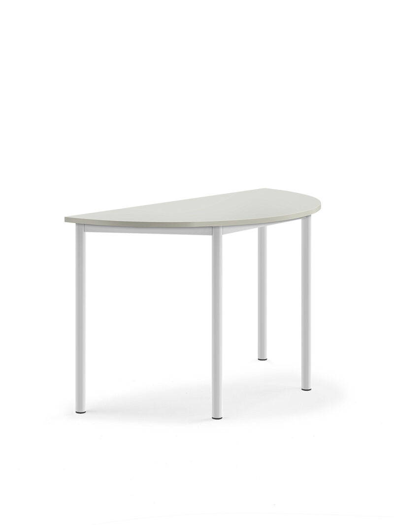 Stół SONITUS, półokrągły, 1200x600x720 mm, laminat szary, biały
