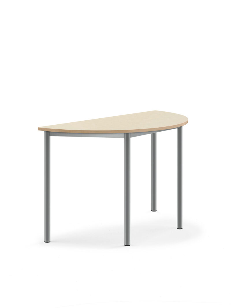 Stół SONITUS, półokrągły, 1200x600x720 mm, brzoza laminat, szary aluminium