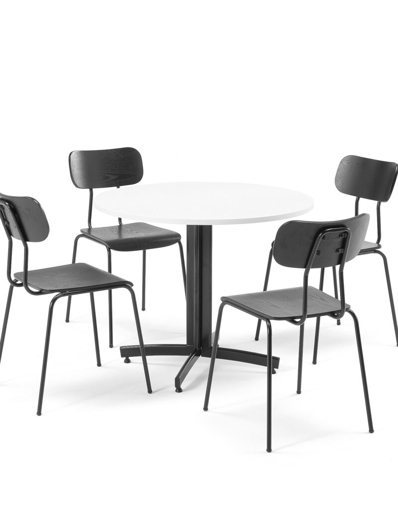 Zestaw mebli SANNA + RENO, biały stół Ø900 mm + 4 czarne krzesła