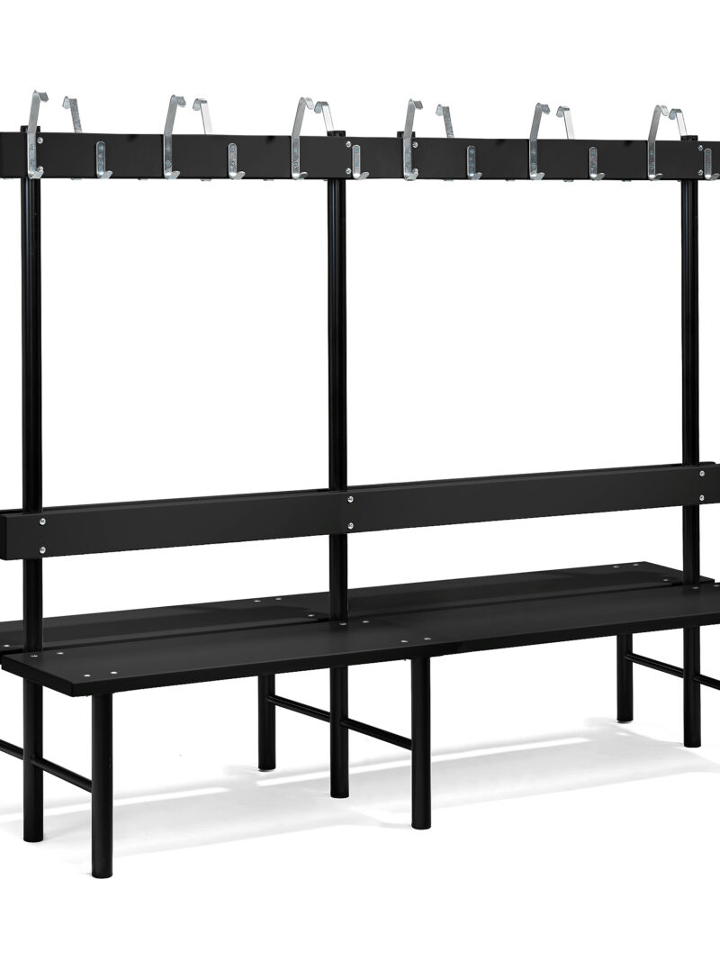 Podwójna ławka STADIUM z wieszakami, 12 haczyków, 2000x780x1600 mm, czarny