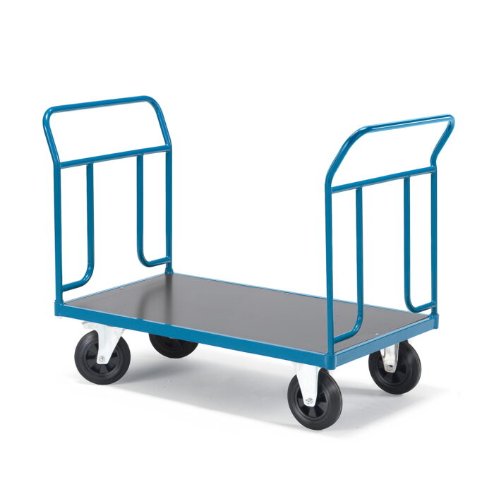 Wózek platformowy TRANSFER, 2 burty z rur stalowych, 1200x800 mm, gumowe koła, z hamulcami