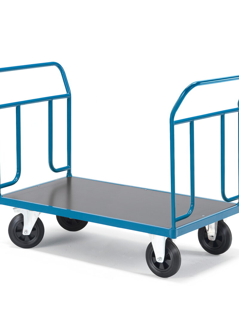 Wózek platformowy TRANSFER, 2 burty z rur stalowych, 1200x800 mm, gumowe koła, z hamulcami