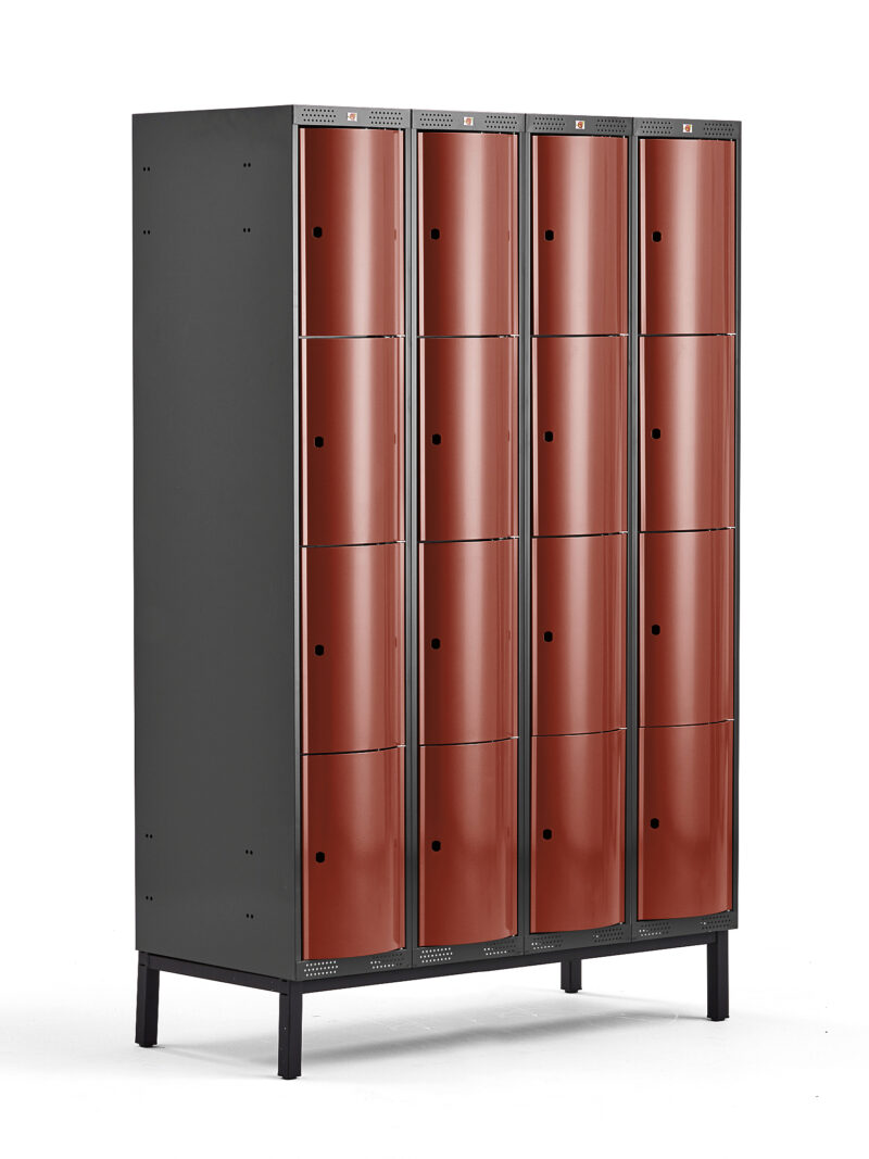 Metalowa szafa ubraniowa CURVE, na nóżkach, 4x4 drzwi, 1940x1200x550 mm, czerwony