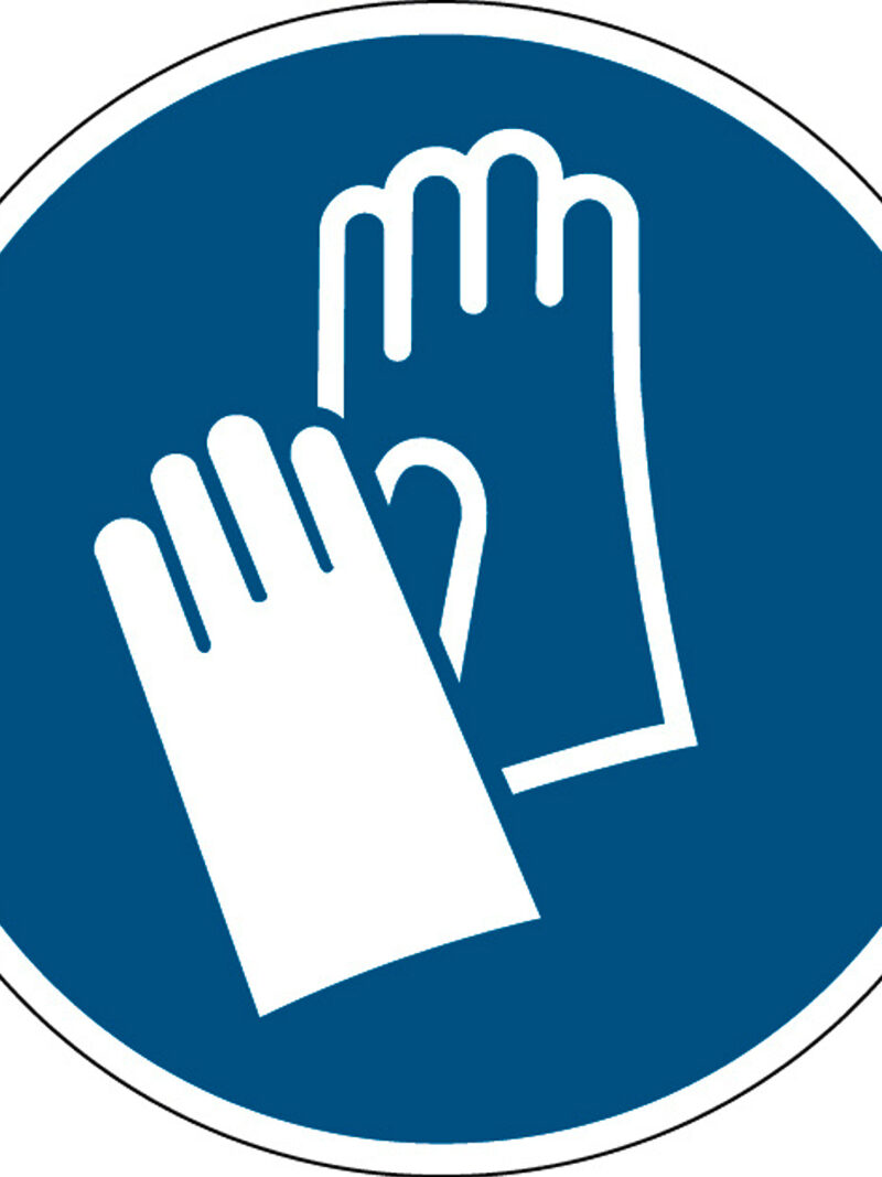 Oznaczenie: obowiązują rękawice ochronne, samoprzylepny poliester, Ø 100 mm