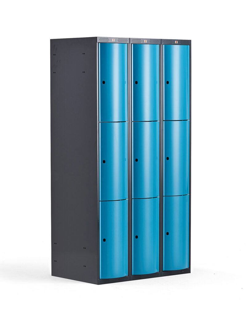 Metalowa szafa ubraniowa CURVE, 3x3 drzwi, 1740x900x550 mm, niebieski