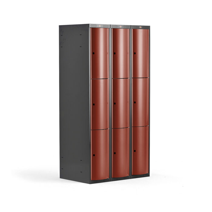 Metalowa szafa ubraniowa CURVE, 3x3 drzwi, 1740x900x550 mm, czerwony