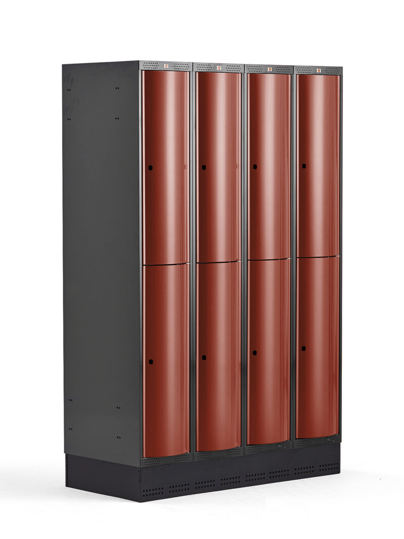 Metalowa szafa ubraniowa CURVE, na cokole, 4x2 drzwi, 1890x1200x550 mm, czerwony