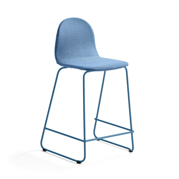 Krzesło barowe GANDER, płozy, siedzisko 630 mm, tkanina, niebieski