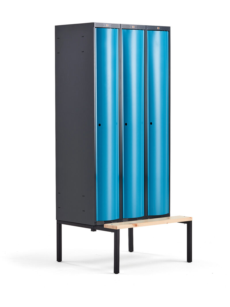 Metalowa szafa ubraniowa CURVE, z ławeczką, 3x1 drzwi, 2120x900x550 mm, niebieski