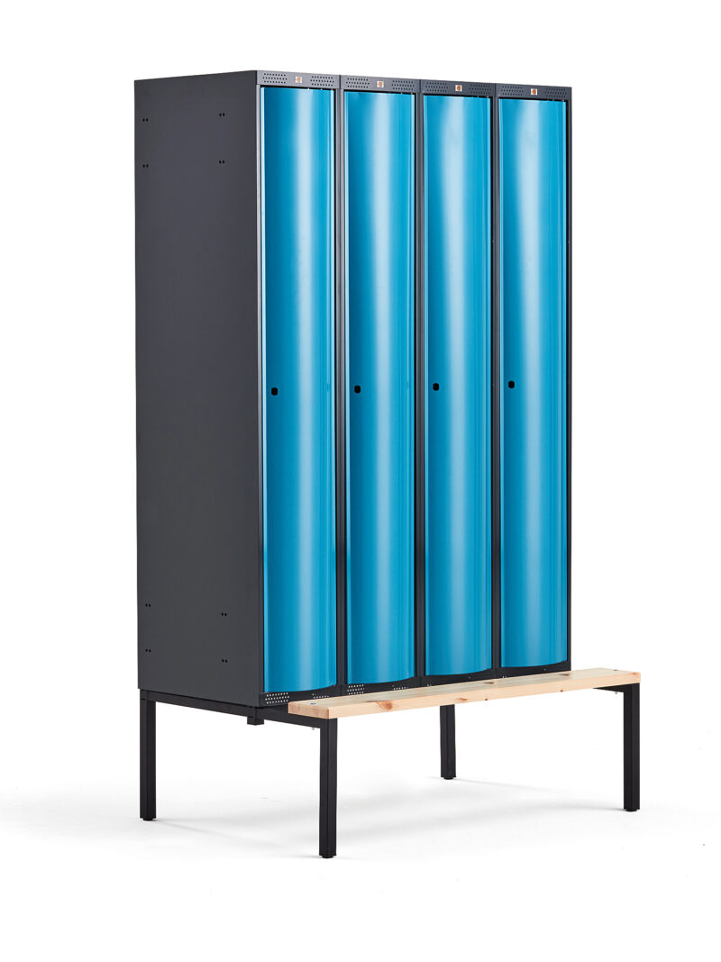 Metalowa szafa ubraniowa CURVE, z ławeczką, 4x1 drzwi, 2120x1200x550 mm, niebieski