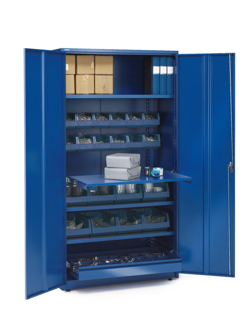 Szafa warsztatowa SUPPLY, z wyposażeniem, zamykana na klucz, 1900x1020x500 mm, niebieski