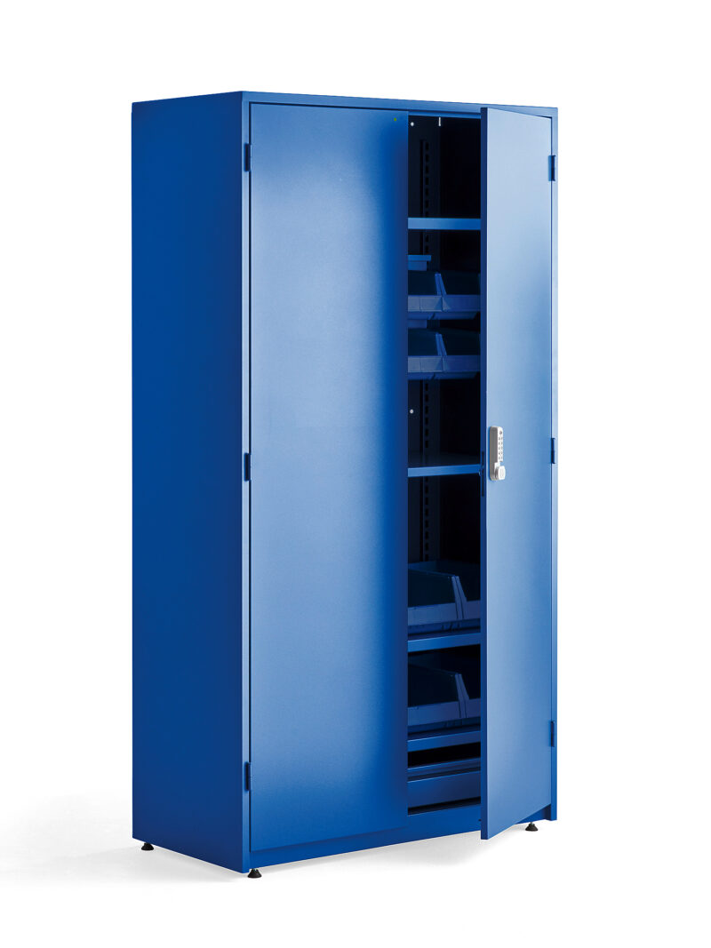 Szafa warsztatowa SUPPLY, z wyposażeniem, elektroniczny zamek szyfrowy, 1900x1020x500 mm, niebieski