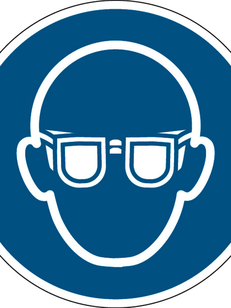 Oznaczenie: obowiązują okulary ochronne, samoprzylepny poliester, Ø 200 mm