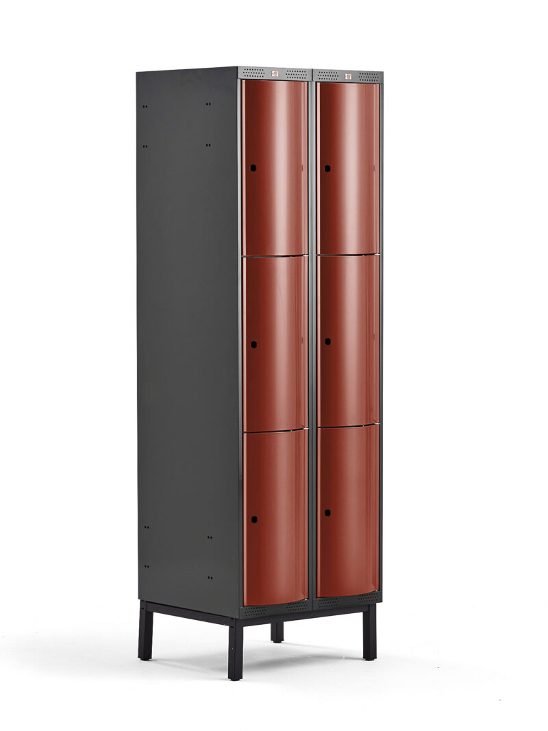 Metalowa szafa ubraniowa CURVE, na nóżkach, 2x3 drzwi, 1940x600x550 mm, czerwony