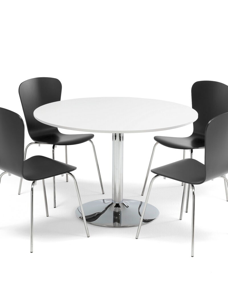 Zestaw do stołówki, stół Ø1100 mm, biały, chrom + 4 czarne krzesła