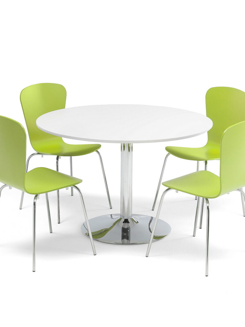 Zestaw do stołówki, stół Ø1100 mm, biały, chrom + 4 zielone krzesła