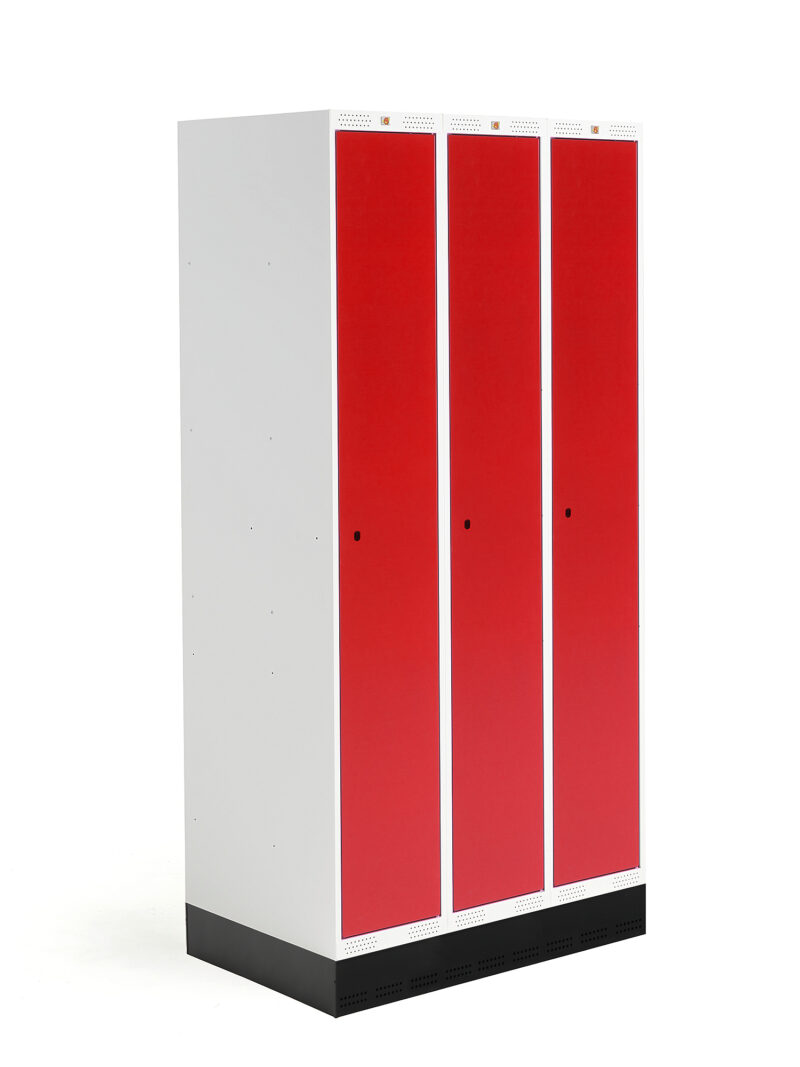 Szafka do szatni ROZ, 3 moduły, 3 drzwi, 1890x900x550 mm, czerwony, z podstawą