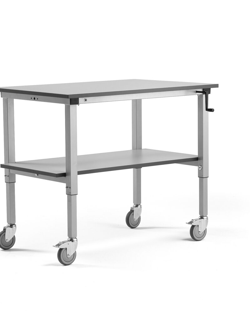 Mobilny stół roboczy MOTION, z ręczną regulacją wysokości, półka dolna, 150 kg, 1200x800 mm