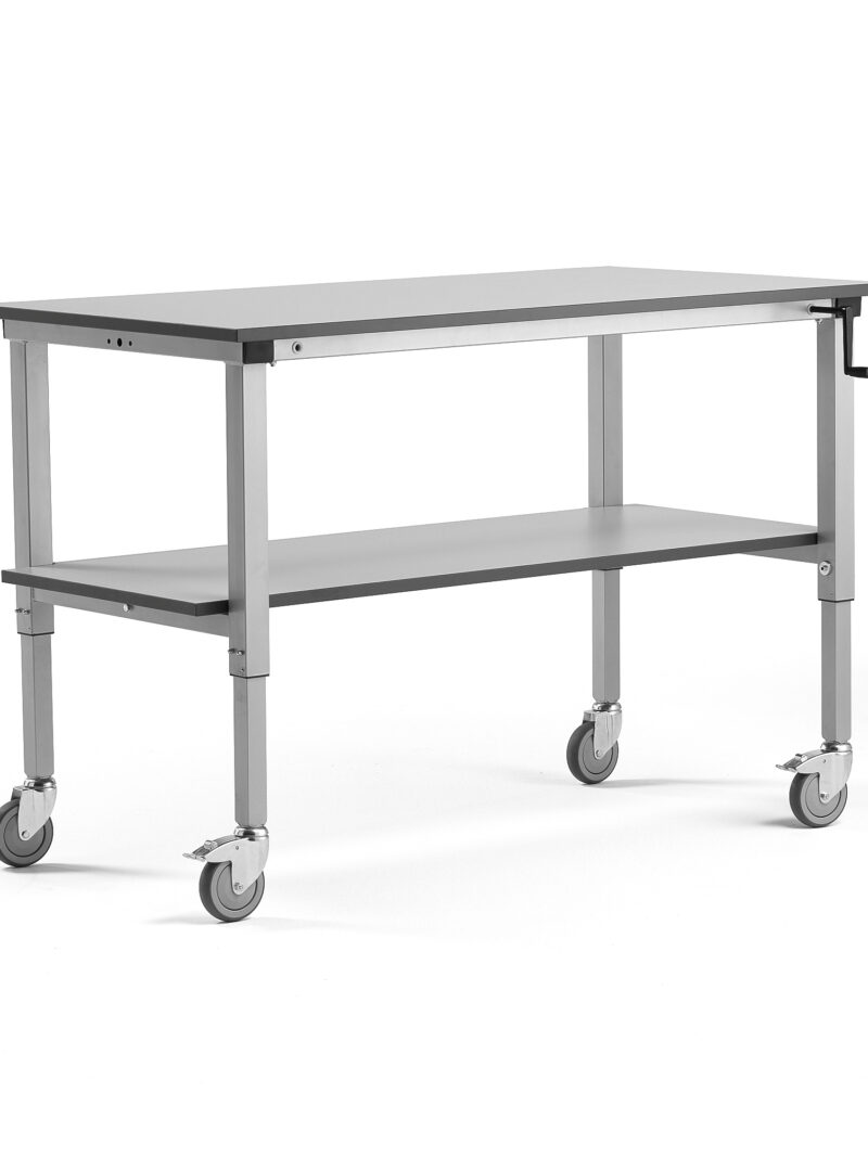 Mobilny stół roboczy MOTION, z ręczną regulacją wysokości, półka dolna, 150 kg, 1500x800 mm