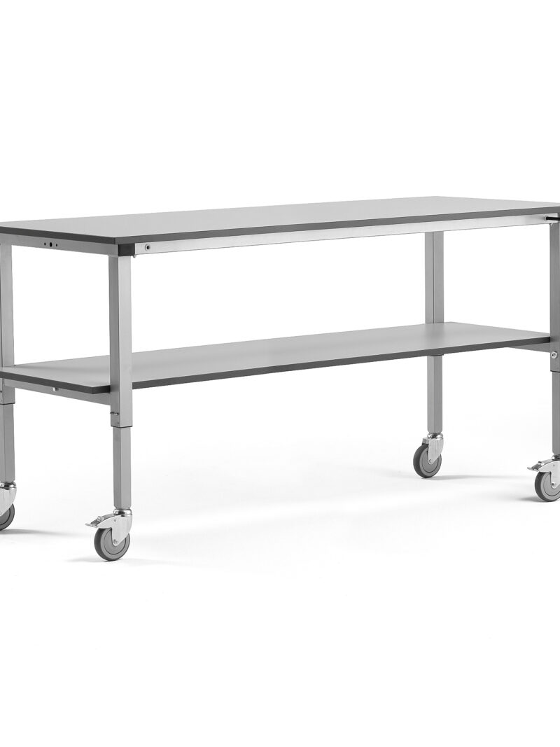 Mobilny stół roboczy MOTION, z ręczną regulacją wysokości, półka dolna, 150 kg, 2000x800 mm