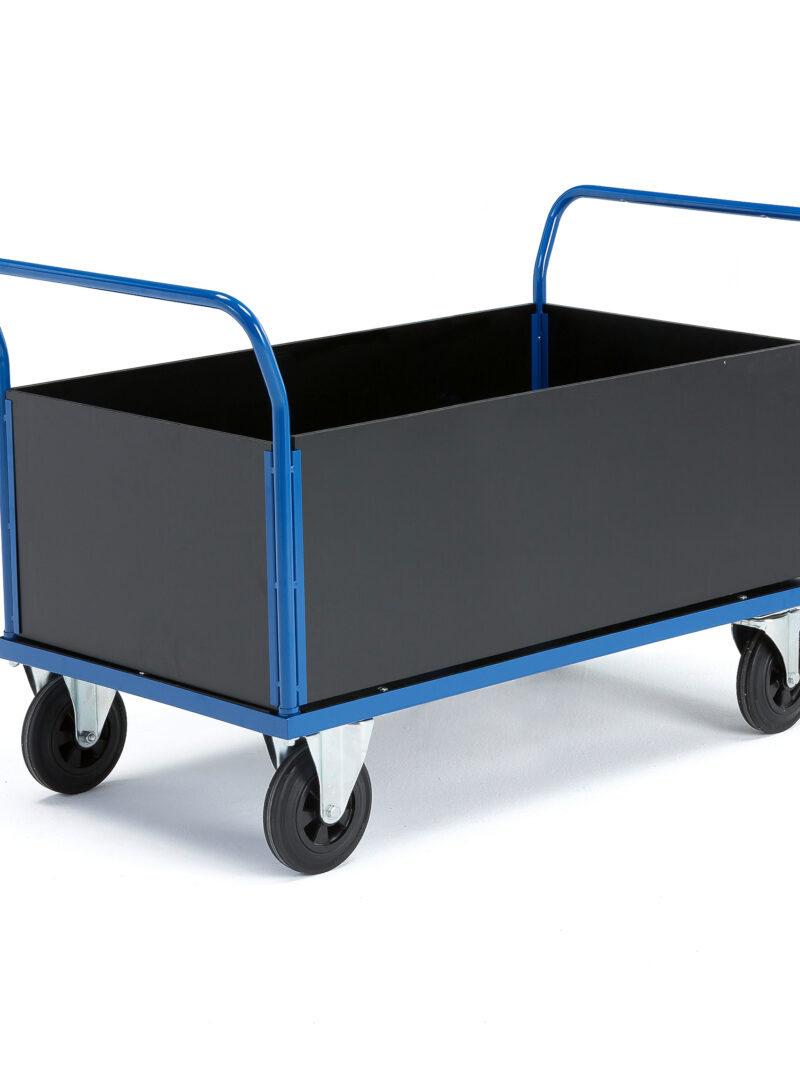 Wózek platformowy TRANSFER, 4 burty z drewna, 1200x800 mm, gumowe koła, z hamulcami