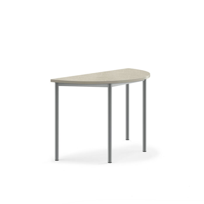 Stół SONITUS, półokrągły, 1200x600x760 mm, jasnoszare linoleum, szary aluminium