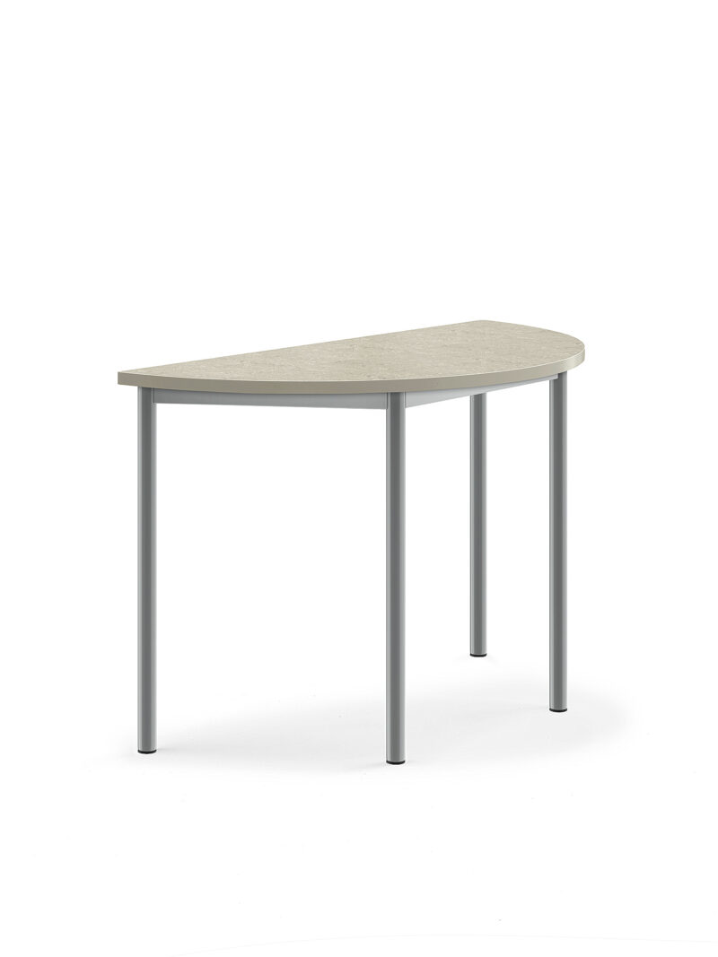 Stół SONITUS, półokrągły, 1200x600x760 mm, jasnoszare linoleum, szary aluminium