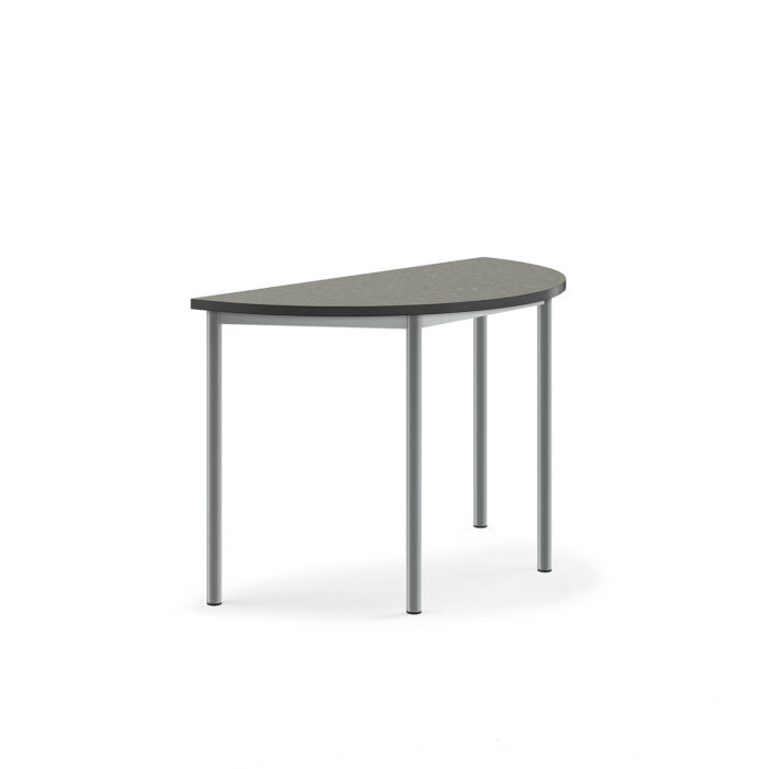 Stół SONITUS, półokrągły, 1200x600x760 mm, ciemnoszare linoleum, szary aluminium