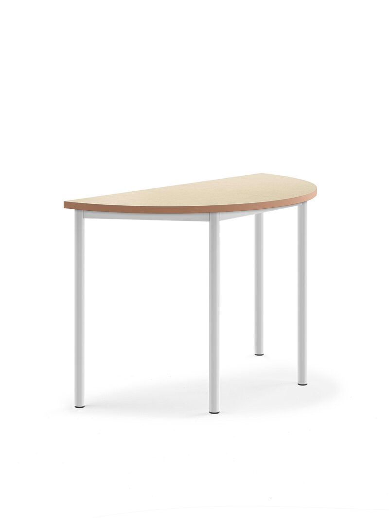Stół SONITUS, półokrągły, 1200x600x760 mm, beżowe linoleum, biały