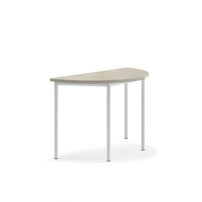 Stół SONITUS, półokrągły, 1200x600x760 mm, jasnoszare linoleum, biały