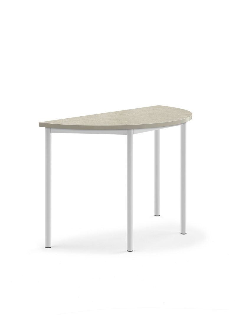 Stół SONITUS, półokrągły, 1200x600x760 mm, jasnoszare linoleum, biały