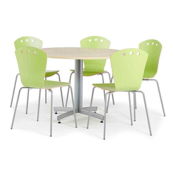 Zestaw mebli do stołówki, stół Ø1100 mm, brzoza + 5 krzeseł zielony/szary