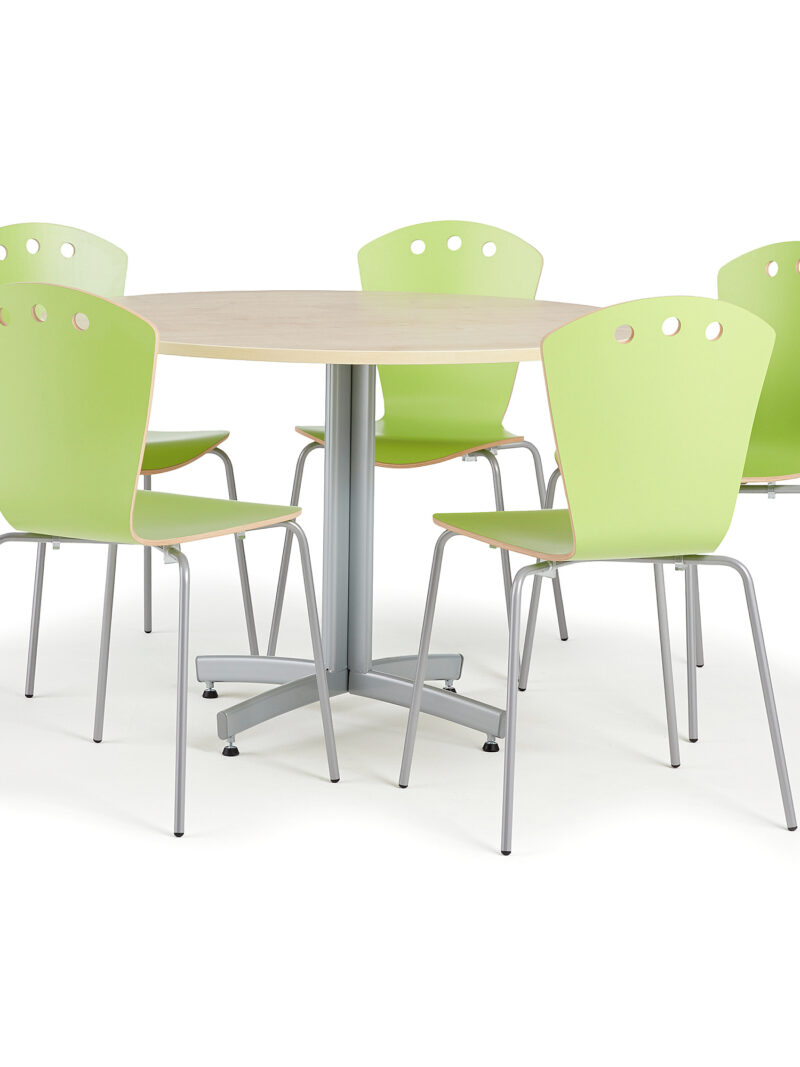 Zestaw mebli do stołówki, stół Ø1100 mm, brzoza + 5 krzeseł zielony/szary