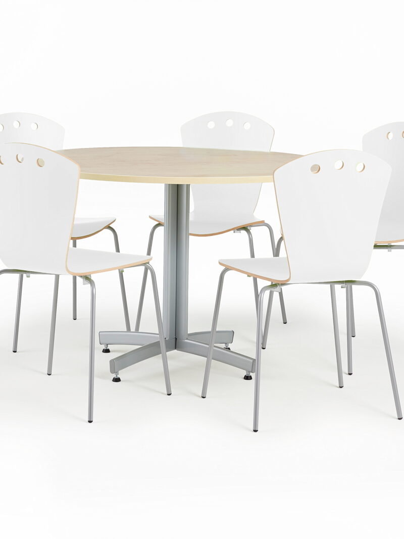 Zestaw mebli do stołówki, stół Ø1100 mm, brzoza + 5 krzeseł biały/szary