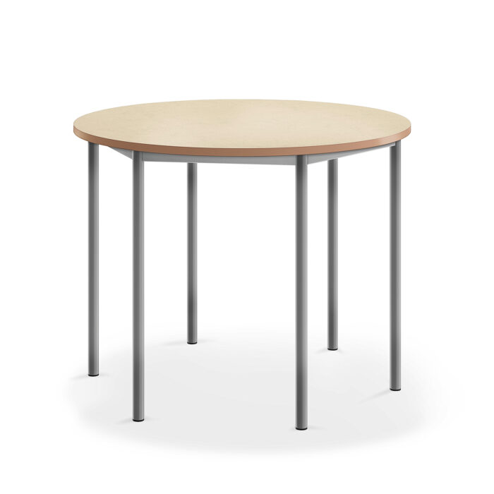 Stół SONITUS, okrągły, Ø1200x900 mm, beżowe linoleum, szary aluminium