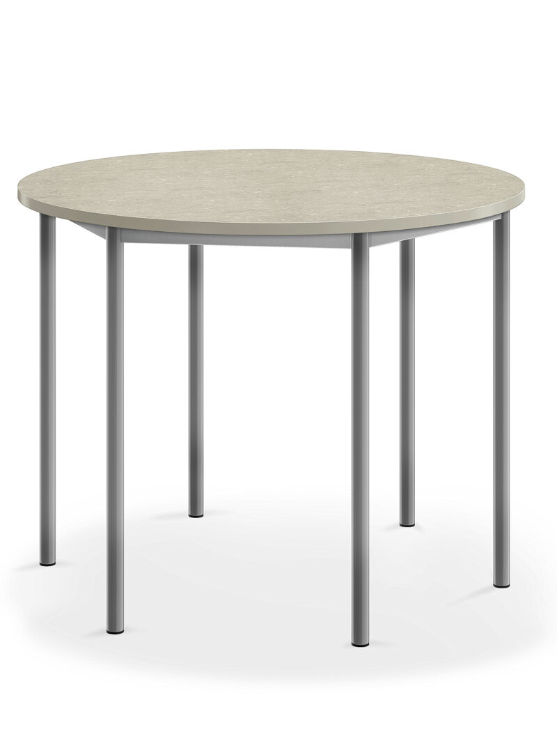 Stół SONITUS, okrągły, Ø1200x900 mm, jasnoszare linoleum, szary aluminium