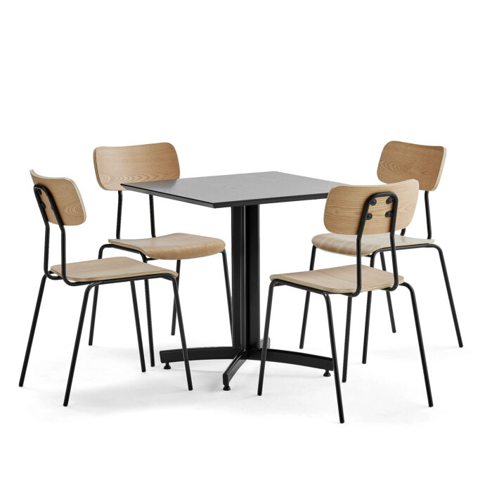 Zestaw mebli do stołówki SANNA + RENO, 1 x czarny stół Ø900 mm +4 x krzesła jesion