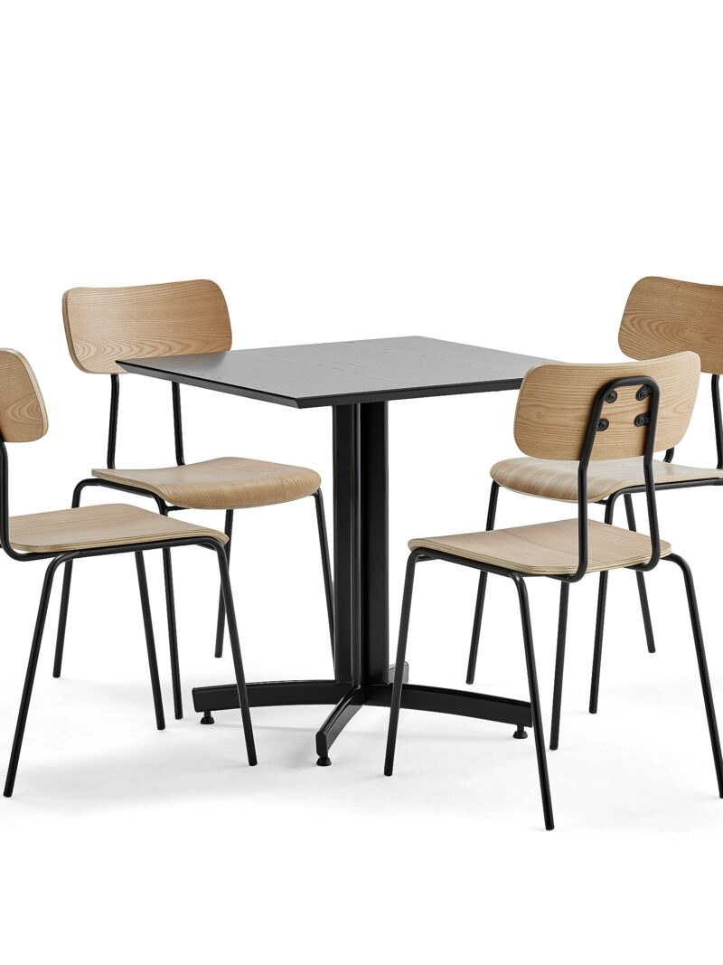 Zestaw mebli do stołówki SANNA + RENO, 1 x czarny stół Ø900 mm +4 x krzesła jesion