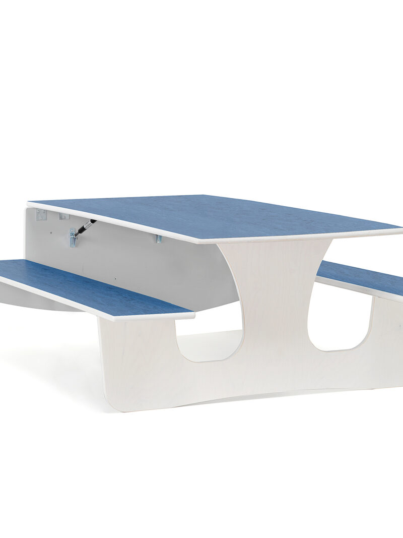Ścienny stół składany LUCAS, 1400x950x570 mm, niebieskie linoleum, biały