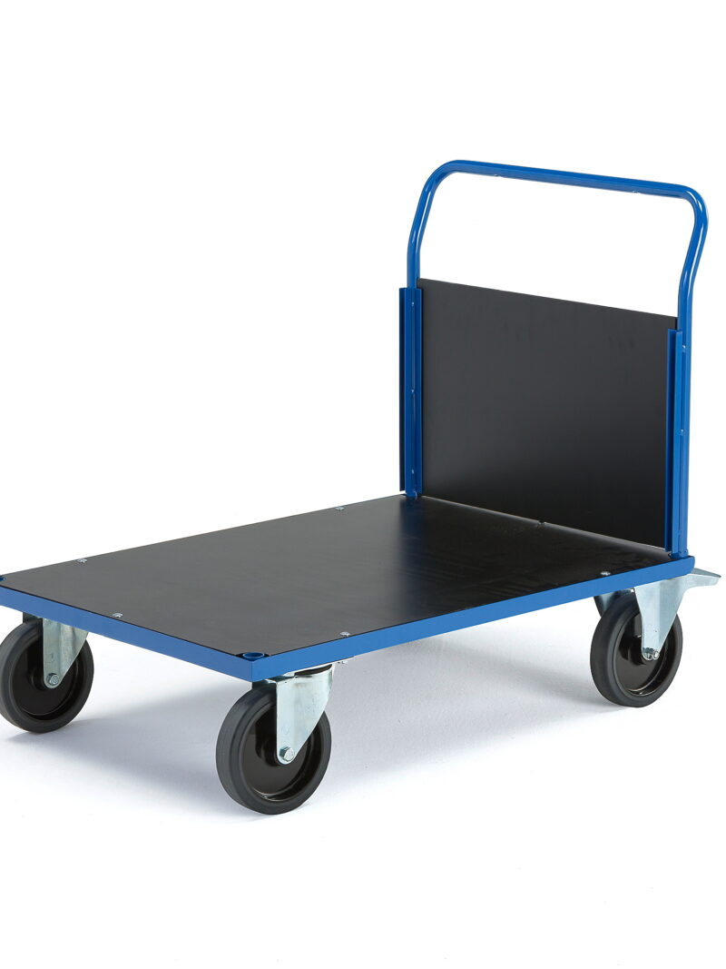 Wózek platformowy TRANSFER, 1 burta z drewna, 1000x700 mm, gumowe koła, z hamulcami