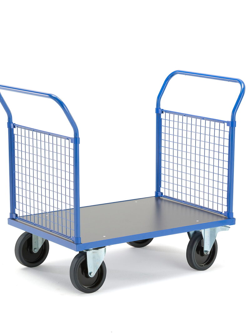Wózek platformowy TRANSFER, 2 burty z siatki, 1000x700 mm, gumowe koła, z hamulcami